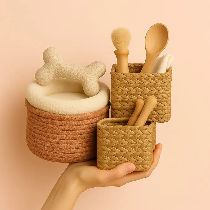 A hand holding home and pet essentials